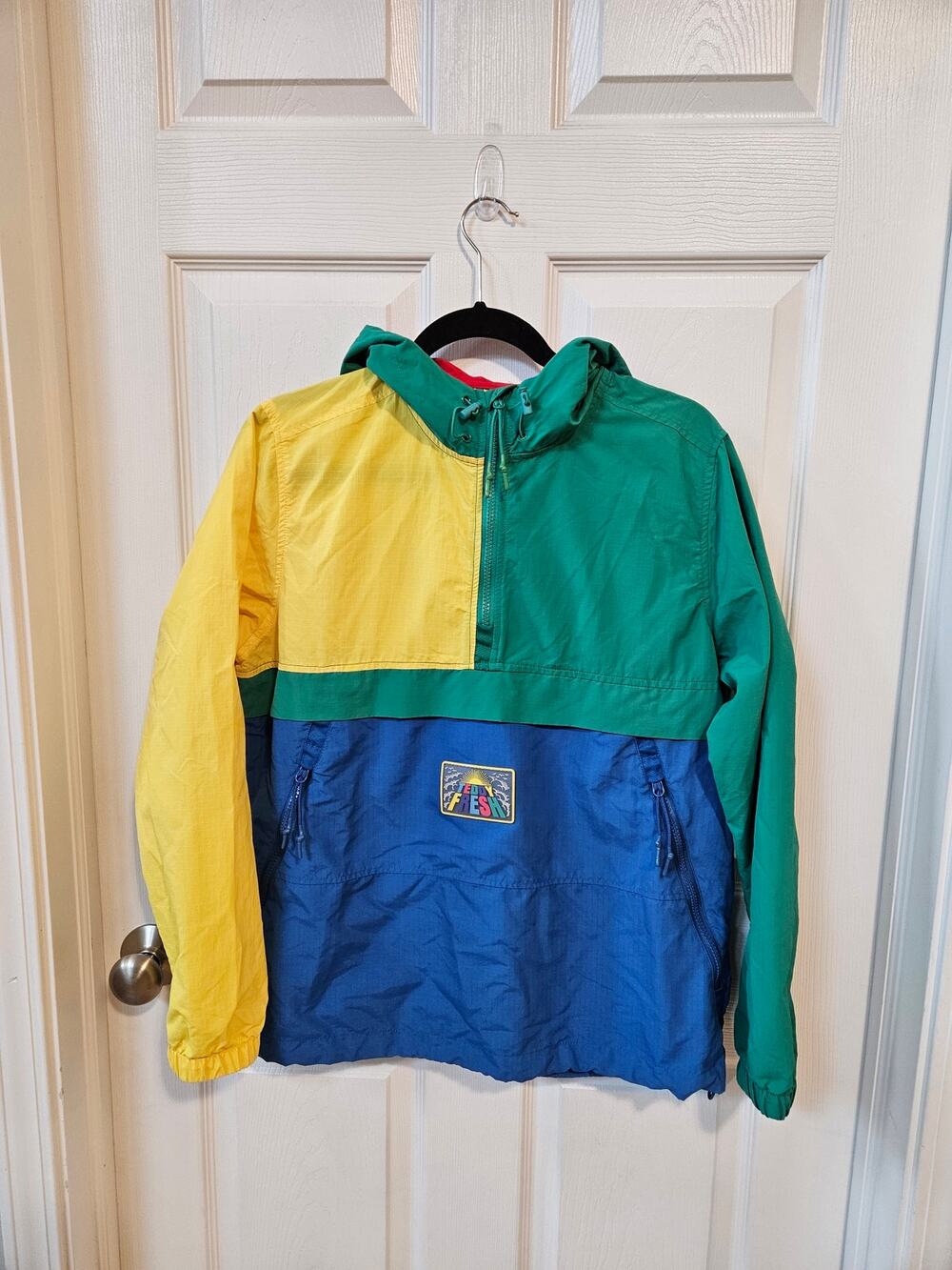 Teddy Fresh Colorblock Pullover Windbreaker Jacket Hooded Blue Yellow Size S